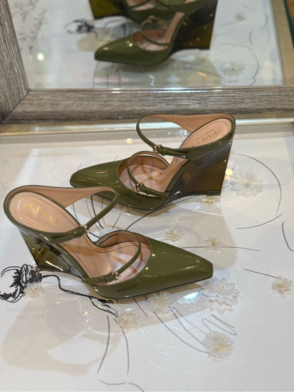Gucci Olive Patent Leather Double-Strap Wedge Pumps - Picture 9 of 13